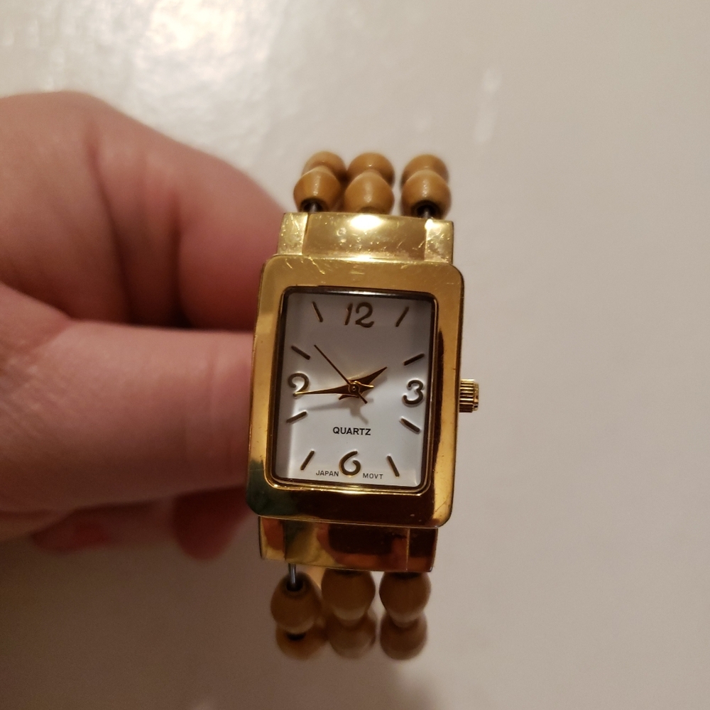 Goldtone Blond Beaded Cuff Watch